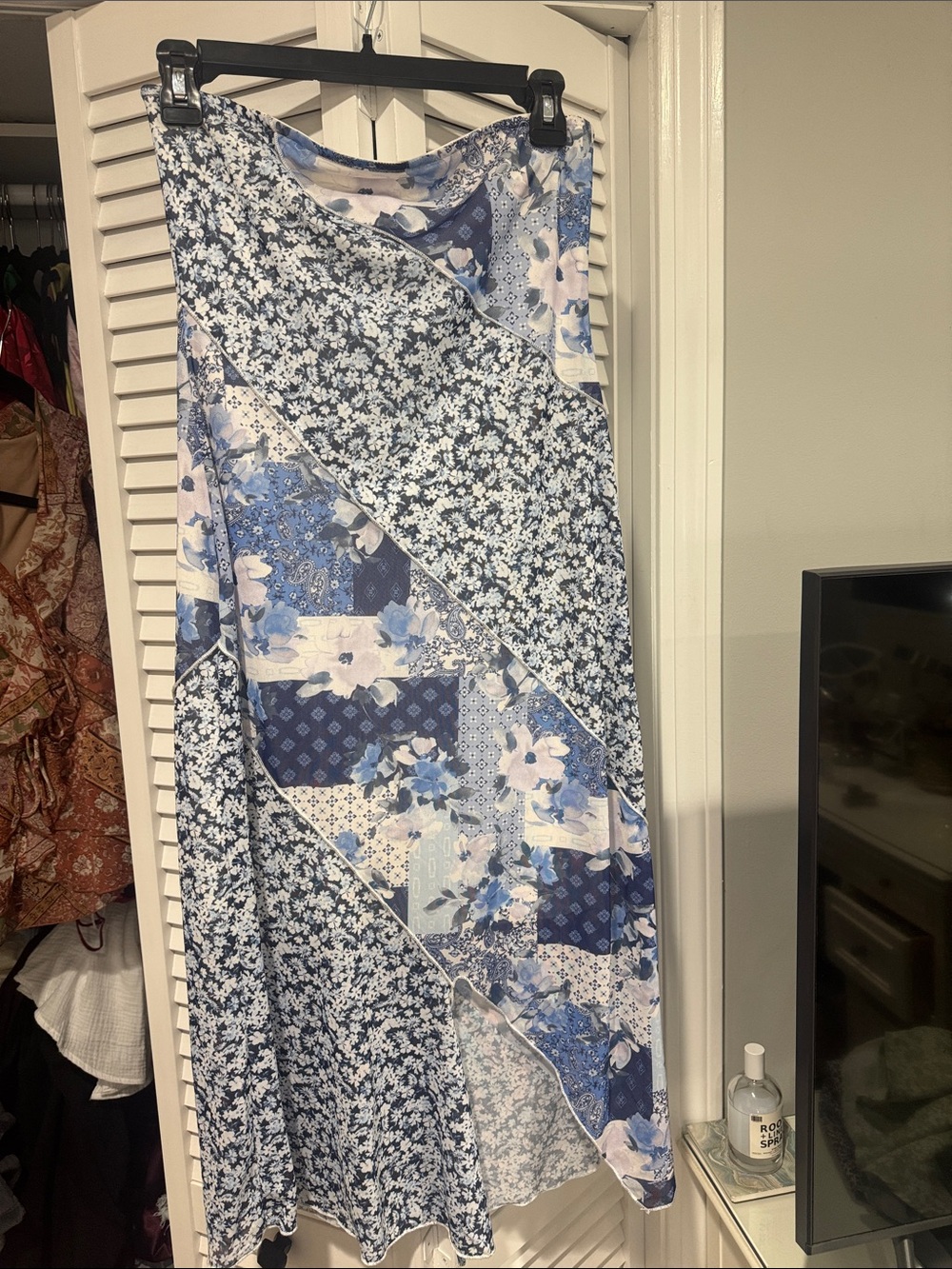 Altar'd State Strapless Blue and White Patchwork Floral Maxi Dress